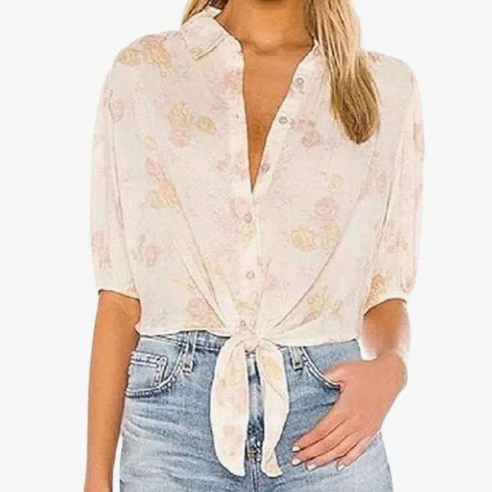 Free People Cream Floral Tie-Front Blouse